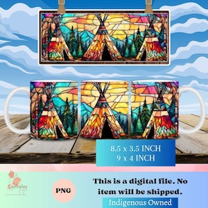 May include: A digital download of a stained glass style image of two teepees in a forest setting. The image is available in two sizes: 8.5 x 3.5 inches and 9 x 4 inches. This is a digital file. No item will be shipped. Indigenous Owned.