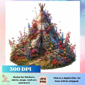 May include: A white teepee tent covered in colorful flowers, with a wooden walkway leading to the entrance. The teepee is surrounded by a variety of flowers in shades of pink, red, purple, blue, and yellow. The image has a 300 DPI resolution.