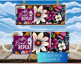 Kaffeeperlen-Wiederholung Indigene Kaffeetassenverpackung. eingeborene Instant PNG Sublimation Sofortiger Download. 24 x 10 cm.