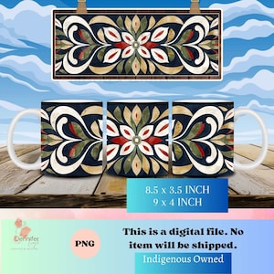 Floral Indigenous coffee mug wrap PNG native digital download 8.5 x 3.5 Inch, 9 x 4 inch, sublimation design