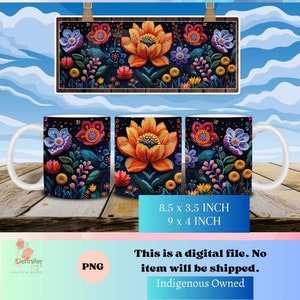 Floral Indigenous coffee mug wrap PNG native digital download 8.5 x 3.5 Inch, 9 x 4 inch, sublimation design
