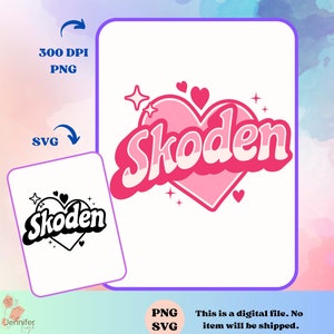 May include: A digital download of a pink heart with the name "Skoden" in a retro font. The heart has a white outline and is surrounded by small white stars. The name is also available in a black and white version.