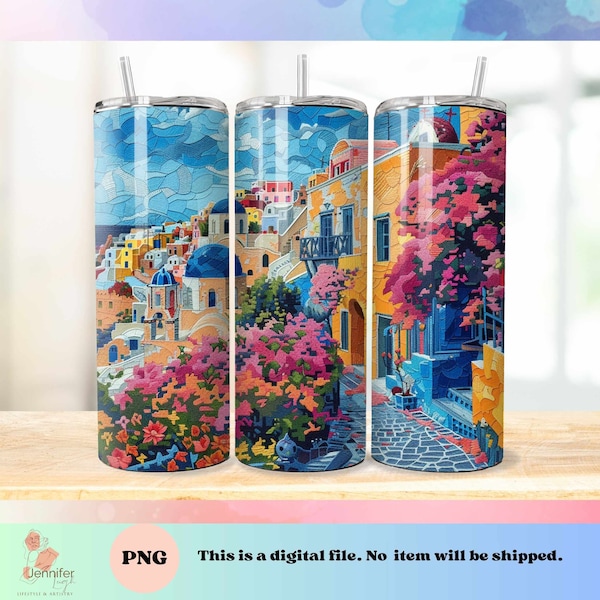 Santorini Greece View embroidery png tumbler wrap Instant download for 20 oz 9.2 x 8.3 skinny tumbler, sublimation design