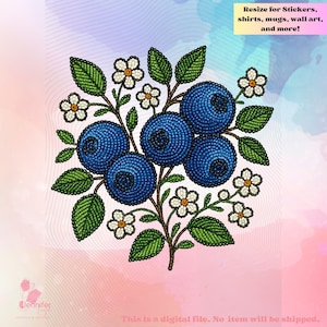 May include: Digital illustration featuring a cluster of blue blueberries, white flowers, and green leaves. Text: Resize for Stickers, shirts, mugs, wall art, and more! The background is a watercolour wash. Ideal for various applications.