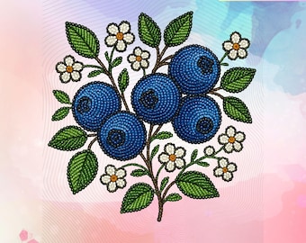 Pode incluir: Ilustração digital de mirtilos azuis, pequenas flores brancas e folhas verdes. Texto: Redimensionar para adesivos, camisas, canecas, arte de parede e muito mais! O fundo é uma lavagem em aquarela.