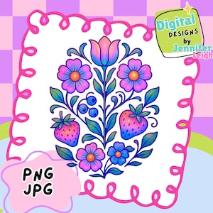 May include: A digital illustration featuring a central floral motif with a tulip, daisies, strawberries, and blueberries in vibrant pink, purple, and blue gradients. The text reads Digital DESIGNS by Jennifer Leigh and PNG JPG.
