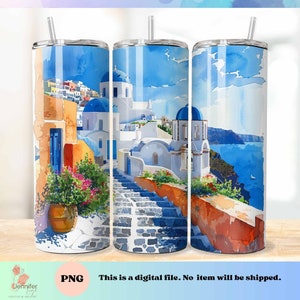 Santorini Griechenland Ansicht Aquarell PNG Becher Zeichnung Sofortiger Download für einen dünnen Becher von 9,2 x 8,3 cm, Sublimationsdruck