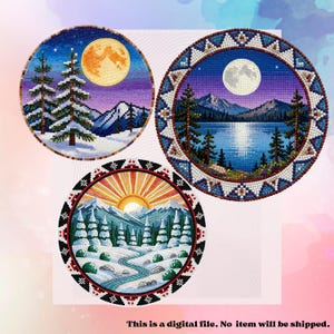 Peut inclure: Trois motifs circulaires de paysages avec des scènes de montagnes, des arbres et des lunes. L'un représente une pleine lune au-dessus de montagnes enneigées et de pins. Un autre montre un paysage lacustre au clair de lune. Le troisième montre un lever de soleil sur des montagnes enneigées.