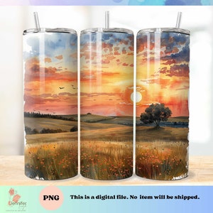 May include: Three sublimation designs for a 20 oz tumbler featuring a watercolor sunset over a field of grass with a single tree in the foreground. The designs are perfect for creating custom tumblers.