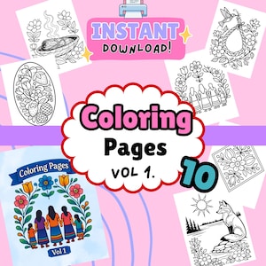 May include: A collection of ten coloring pages, featuring various floral and nature-themed illustrations. The pages include images of flowers, animals, and people. The words "Coloring Pages Vol. 1" and "Instant Download" are also visible.