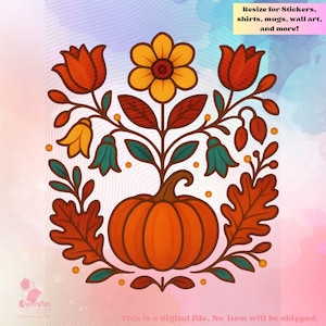 Puede incluir: Ilustración digital con una calabaza naranja central y un diseño floral. El diseño incluye tulipanes naranjas, flores amarillas y flores en forma de campana turquesa. Texto: "¡Cambiar el tamaño para pegatinas, camisetas, tazas, arte mural y más!"