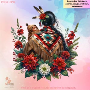 Könnte beinhalten: Eine digitale Illustration einer indianischen Frau, die einen farbenfrohen gemusterten Schal trägt und ein Baby auf dem Rücken trägt. Die Frau ist von roten und weißen Weihnachtssternen und grünem Laub umgeben.