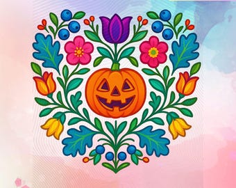 Disegno di zucca JackoLantern floreale nativo di Halloween JPG png download digitale nativo per design a sublimazione, arte stampabile
