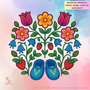 May include: A digital illustration of a floral design with tulips, flowers, strawberries, and blue shoes. The design includes the text "Resize for Stickers, shirts, mugs, wall art, and more!" and "This is a digital file. No item will be shipped."