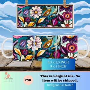 Floral Indigenous coffee mug wrap PNG native digital download 8.5 x 3.5 Inch, 9 x 4 inch, sublimation design