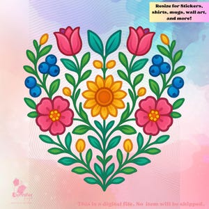 Peut inclure: Un motif floral coloré avec des tulipes roses, des fleurs rouges, des baies bleues et un tournesol jaune. Le design est entouré de feuilles et de tiges vertes. Le texte indique : "Resize for Stickers, shirts, mugs, wall art, and more !" et "This is a digital file. No item will be shipped."