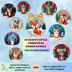 Christmas Round Ornament Embroidery and felt craft Style Design bundle png digital download for ornament sublimation, stickers, labels, mugs