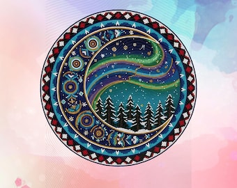 Pode incluir: Impressão de arte digital circular com um design de lua crescente com uma cena colorida de aurora boreal, árvores cobertas de neve e estrelas. A obra de arte é emoldurada por uma borda detalhada com detalhes em vermelho, branco e azul. O texto diz: "This is a digital file. No item will be shipped."
