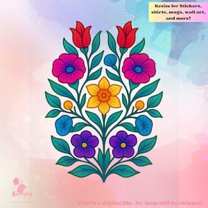 May include: A digital illustration of a symmetrical floral design. The artwork features red tulips, pink and purple flowers, blue buds, and a yellow flower at the centre. The text "Resize for Stickers, shirts, mugs, wall art, and more!" is included.