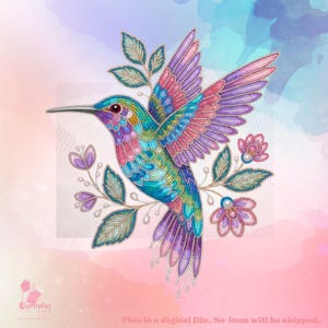 May include: A vibrant hummingbird illustration in shades of blue, pink, purple, and green, with outstretched wings. The image includes leaves and flowers. The text at the bottom reads: This is a digital file. No item will be shipped.