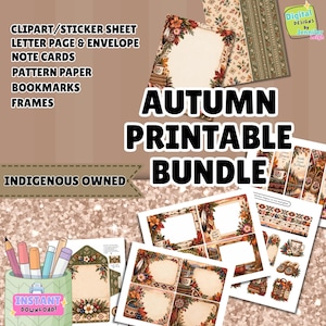 Op de afbeelding: Een herfstachtig printbaar pakket met digitale ontwerpen, waaronder clipart, stickervellen, briefpapier, enveloppen, notitiekaarten, patroonpapier, bladwijzers en kaders. De collectie toont seizoensgebonden motieven zoals bladeren en mokken.