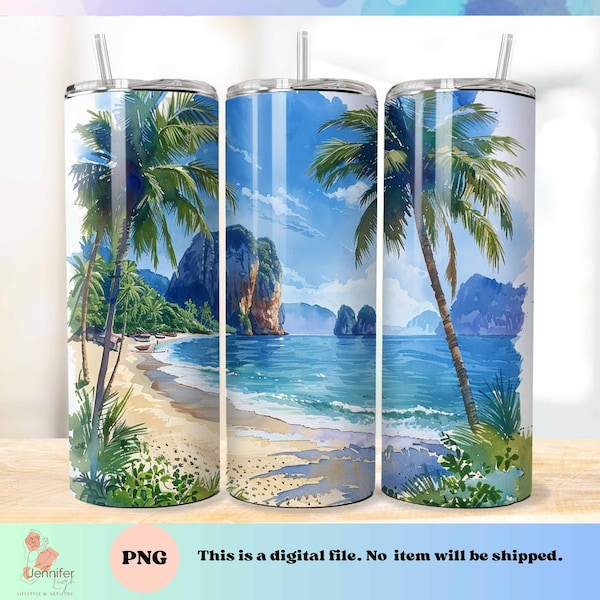 Thailand Beach View watercolor png tumbler wrap Instant download for 20 oz 9.2 x 8.3 skinny tumbler, sublimation design