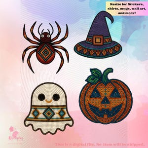 Op de afbeelding: Een digitaal ontwerp met Halloween-illustraties: een spin, een heksenhoed, een spook en een pompoen, allemaal met een kralenlook. Tekst luidt "Resize for Stickers, shirts, mugs, wall art, and more!" en "This is a digital file. No item will be shipped."
