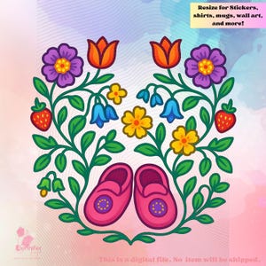 Könnte beinhalten: Digitale Illustration mit floralem Design und rosa Babyschuhen im Zentrum. Das Design umfasst lila, orange, gelbe und blaue Blumen, Erdbeeren und grüne Blätter. Text: "Größe ändern für Aufkleber, Shirts, Tassen, Wandkunst und mehr!"
