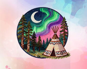 Pode incluir: Um design circular com contas apresentando uma cena noturna com uma lua crescente, aurora boreal e uma tenda. O design inclui pinheiros e um céu rosa e roxo. O texto na parte inferior diz: "This is a digital file. No item will be shipped."
