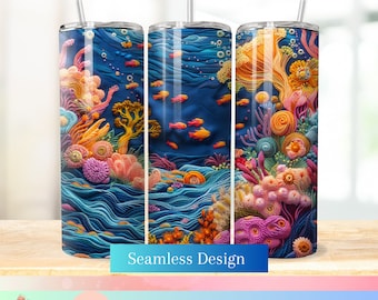 Seamless ocean underwater Embroidery png jpg tumbler wrap Instant download for 20 oz 9.2 x 8.3 skinny tumbler, sublimation design