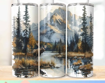Moose watercolor Tumbler Wrap bundle png Instant download for 20 oz 9.2 x 8.3 skinny tumbler, sublimation design