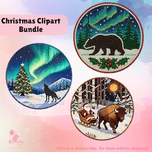 Può includere: Un pacchetto di clipart natalizie con tre disegni circolari. Uno mostra un lupo che ulula all'aurora boreale, un altro un orso in una foresta e l'ultimo Babbo Natale su una slitta trainata da un bisonte. Il testo "Christmas Clipart Bundle" è in alto.