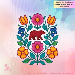 Könnte beinhalten: Ein digitales Design mit einem stilisierten bordeauxfarbenen Bären, umgeben von bunten Blumen, Beeren und Blättern. Der Entwurf enthält den Text: "Resize for Stickers, shirts, mugs, wall art, and more!" und "This is a digital file. No item will be shipped."