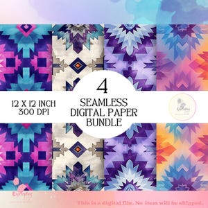 以下が含まれることがあります： 青、紫、オレンジの色合いの幾何学模様が特徴の、4つのシームレスデザインのデジタルペーパーバンドルです。「4 Seamless Digital Paper Bundle」と「12 x 12 inch 300 DPI」と書かれています。