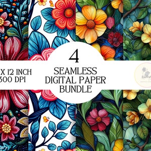 May include: A digital paper bundle featuring four seamless patterns with vibrant floral designs. The patterns include red, pink, yellow, blue, and green flowers with intricate details. Each pattern is 12 x 12 inches and 300 DPI.
