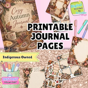 Pode incluir: Uma coleção de páginas de diário imprimíveis com ilustrações de temática outonal, incluindo canecas, mocassins, livros e folhagens. As páginas contêm áreas de escrita pautadas, sugestões de diário e bordas decorativas.