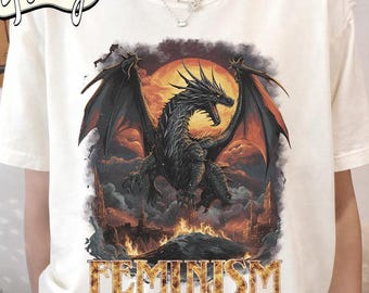 Feminism Dragon Fantasy Vintage Graphic Shirt, Retro Comfort Colors® Dragon Shirt, Feminism Shirt, Dark Art Grunge Castle Dragon Gothic Top