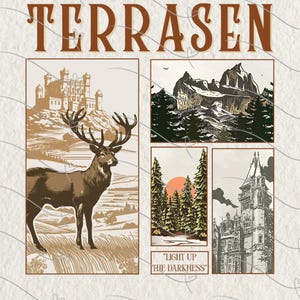 Puede incluir: Ilustración con la palabra "TERRASEN" en la parte superior. La imagen presenta un ciervo, montañas, un castillo y una escena de puesta de sol. La frase "LIGHT UP THE DARKNESS" está en la parte inferior. La paleta de colores incluye marrón, beige y verde.