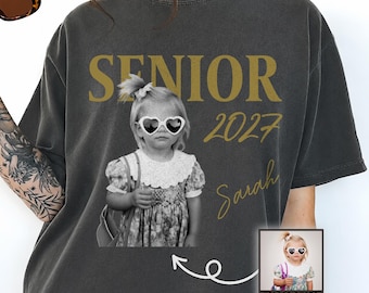 Custom Vintage Photo And Year Senior 2027 Shirt, Custom Picture Class of 2027 Graduation Gift, Retro Senior Boy Girl Tee