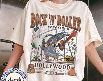 Vintage Rock 'N' Roller Coaster T-Shirt, Mickey Minnie Goofy Hollywood Beat The Traffic Comfort Colors Tee, Disney 2026 Vacation Fan Tee