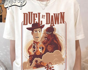 Retro Duel At Dawn Woody T-Shirt, Comfort Colors Western Toy Cowboy Shirt, Vintage Toy Story Characters Graphic Tee, Disneyland Family Trip