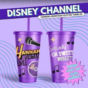 two purple tumblers with glittery designs, including a microphone and musical notes, against a purple background with a wavy pattern.