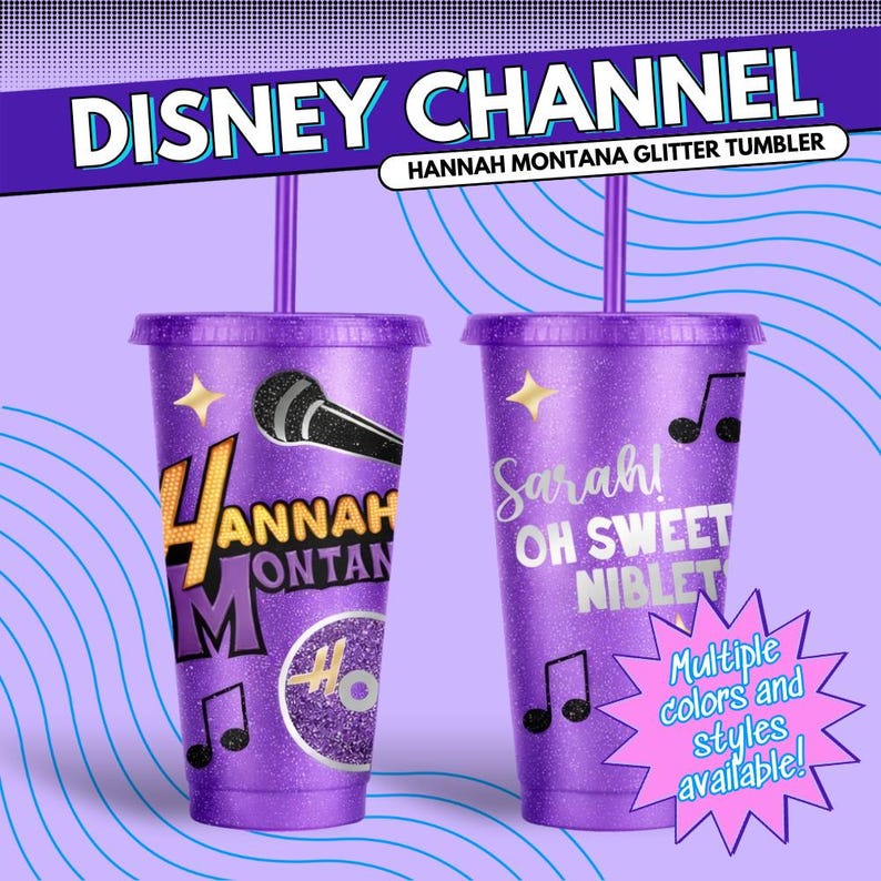 two purple tumblers with glittery designs, including a microphone and musical notes, against a purple background with a wavy pattern.