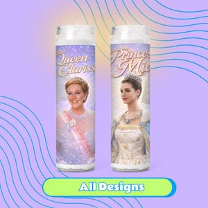 two candles with images of women wearing crowns and ornate dresses, along with the text "Queen Clariss" and "Prince Midas" printed on them.