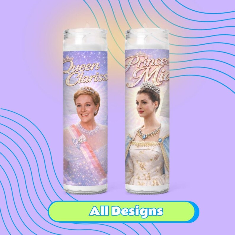 two candles with images of women wearing crowns and ornate dresses, along with the text "Queen Clariss" and "Prince Midas" printed on them.