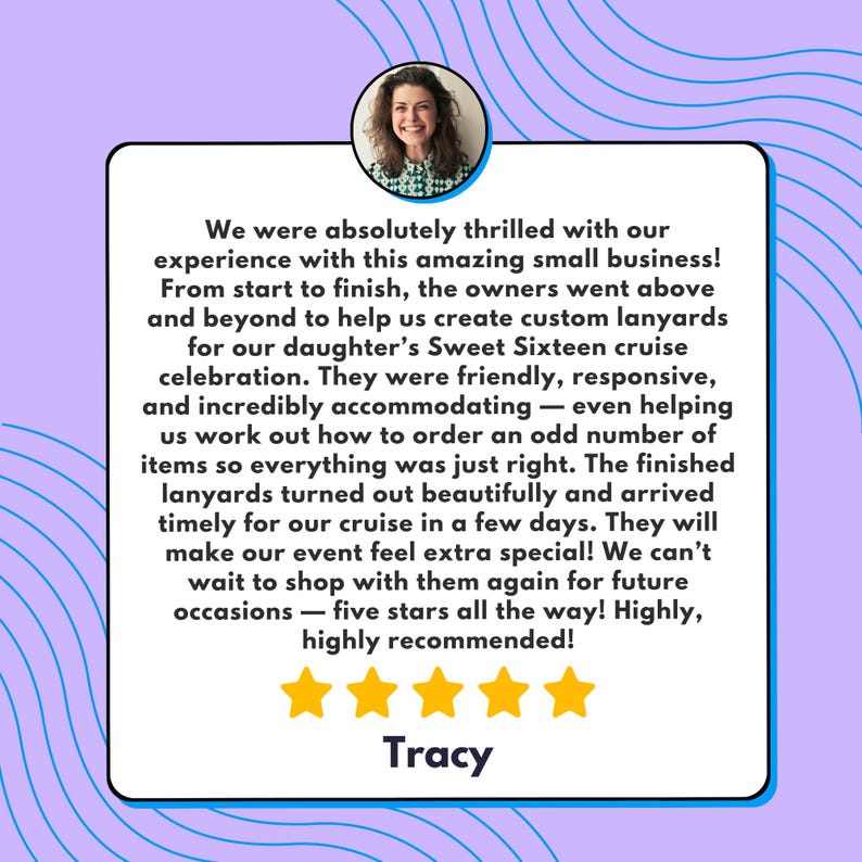 The image is a screenshot of a review box containing text and a photo of a smiling woman. The review box has a rating of 5 stars and contains a positive review of a business, specifically a custom lanyard company.