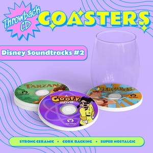 Posavasos con CD de la banda sonora de Disney: Tarzán, Hércules, La película Goofy, 101 Dálmatas