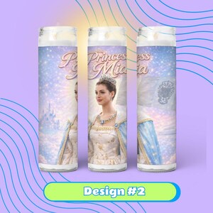 three candles with the same design, including a princess wearing a crown and a blue cape.