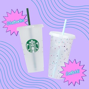 two Starbucks cups, one with a green lid and the other with a white lid, both containing straws. The cup on the left has a Starbucks logo, while the cup on the right has a confetti pattern. The background of the image is purple with wavy lines, and there are two pink starburst shapes with the words "Starbucks" and "Confetti" written on them.