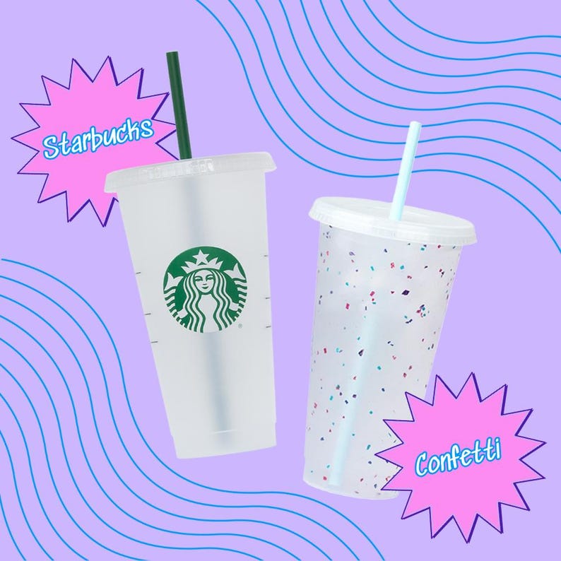 two Starbucks cups, one with a green lid and the other with a white lid, both containing straws. The cup on the left has a Starbucks logo, while the cup on the right has a confetti pattern. The background of the image is purple with wavy lines, and there are two pink starburst shapes with the words "Starbucks" and "Confetti" written on them.